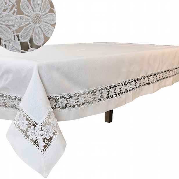 Slavnostní bílý dekorační ubrus 130 x 180 cm, elegantní, s krajkovou krajkou