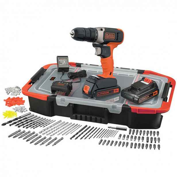 BLACK+DECKER - 18V AKU vrtací šroubovák s příslušenstvím, 2x aku 1,5 Ah Li-Ion, nabíječka BCD001BAST-QW
