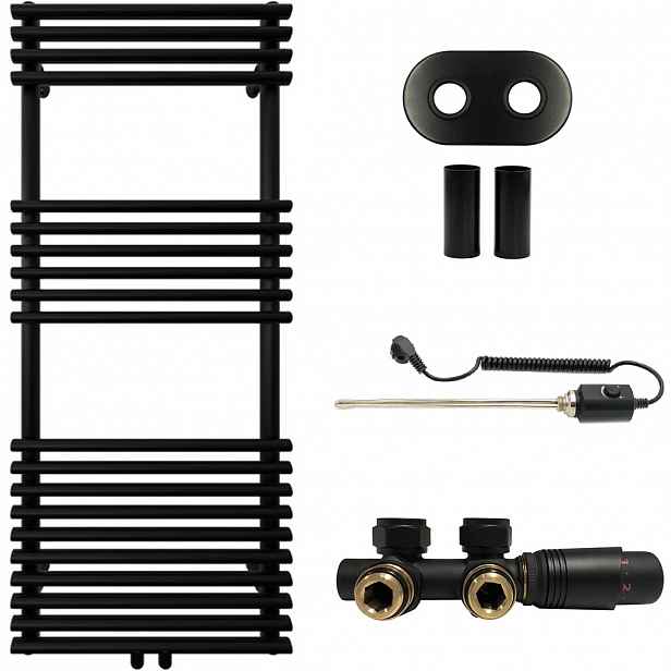 Koupelnový radiátorový set Luigi - kombinované vytápění, termo tyč - středové připojení 50 mm - 300W - černá matná - 1200x500 mm