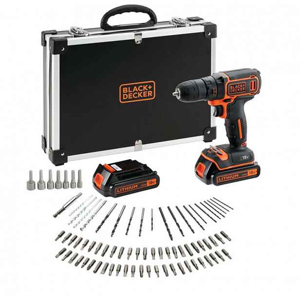 BLACK+DECKER - 18V AKU vrtací šroubovák s příslušenstvím, 2x aku 1,5 Ah Li-Ion, nabíječka BDCDC18BAFC-QW