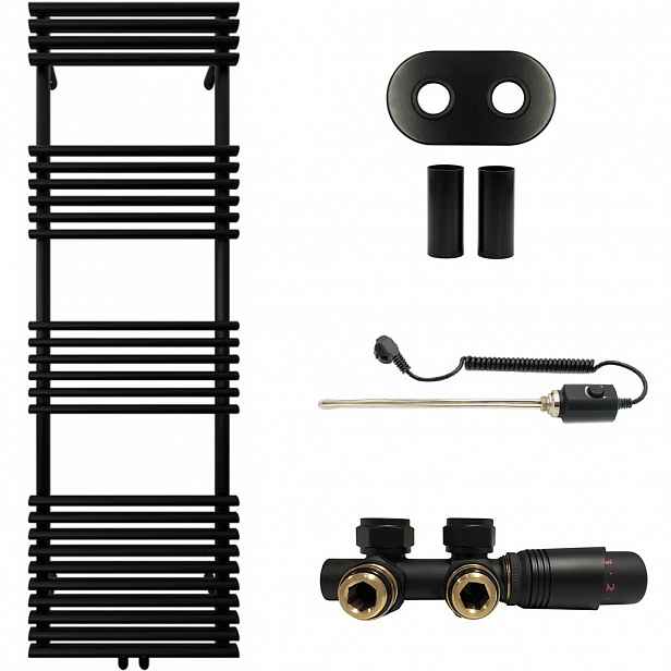 Koupelnový radiátorový set Luigi - kombinované vytápění, termo tyč - středové připojení 50 mm - 600W - černá matná - 1600x500 mm