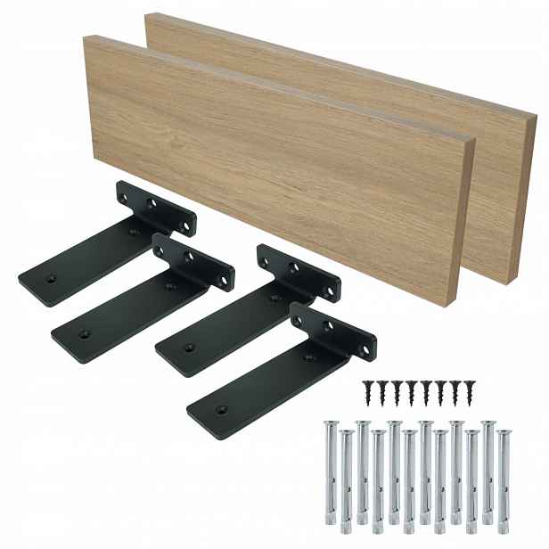 2x nástěnné police 50 x 15 cm dekor dub 02, závěsná police držák