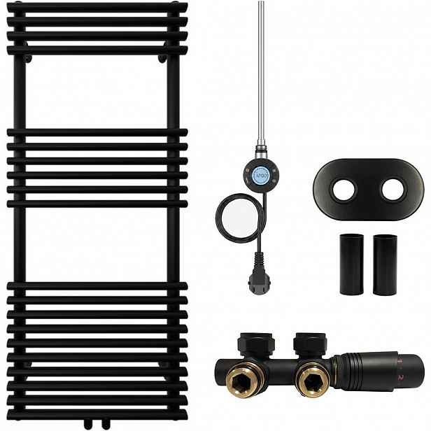 Koupelnový radiátorový set Luigi - kombinované vytápění, wifi tyč - středové připojení 50 mm - 300W - černá matná - 1200x500 mm