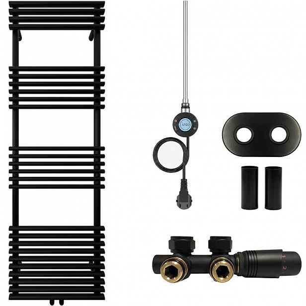 Koupelnový radiátorový set Luigi - kombinované vytápění, wifi tyč - středové připojení 50 mm - 600W - černá matná - 1600x500 mm