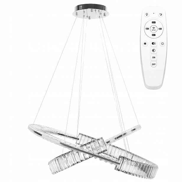 Led Závěsná Stropní Křišťálová Lampa Stříbrná S Dálkovým Ovládáním A Glamour Kroužky