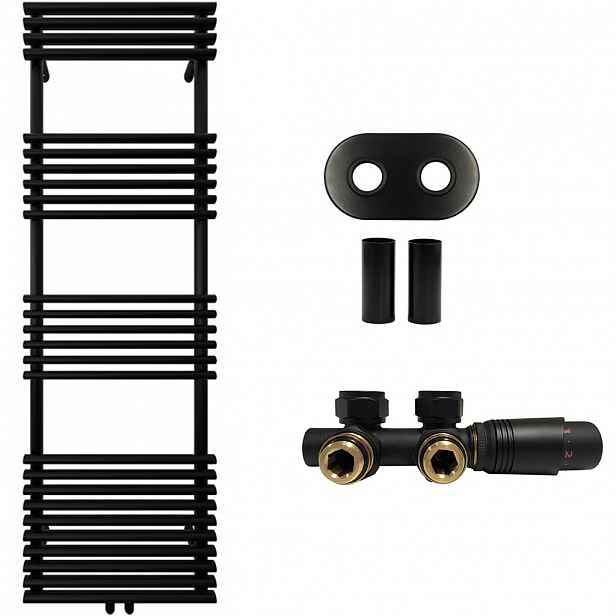 Koupelnový radiátorový set Luigi - ústřední vytápění - středové připojení 50 mm - 713W - černá matná - 1600x500 mm