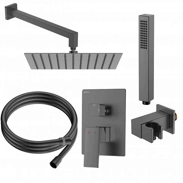 Sprchový set pod omítku, dvoufunkční gun metal, baterie sprchová hlavice, hadice