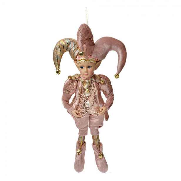 Růžová závěsná dekorace Elf v šaškovském obleku - 20*8*37 cm Clayre & Eef
