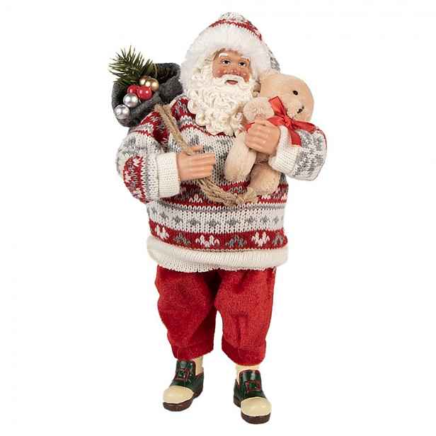 Červená vánoční figurka Santa Claus s medvídkem - 13*10*28 cm Clayre & Eef