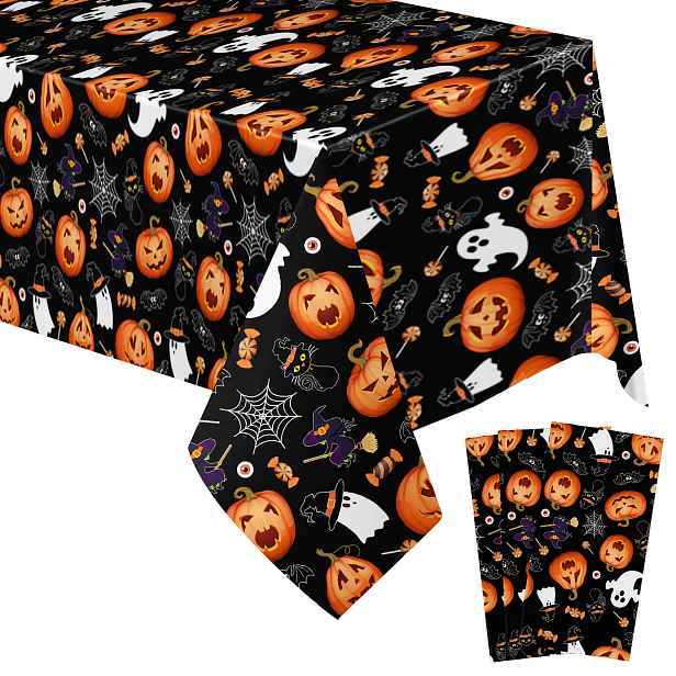 TEMU 1ks/3ks Sada Halloween Jednorázový Plastový Ubrousek na Stůl, Stylové Černé Pozadí s Prvky Dýně, Čarodějnice a Pavučiny, Vhodné pro Halloween