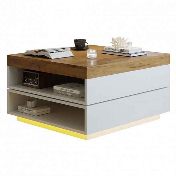 Modfu KONFERENČNÍ stolek z MDF 65x65x40 cm bílý v dekoru dubu s 360° otočnou deskou, LED osvětlením a otevřeným úložným prostorem