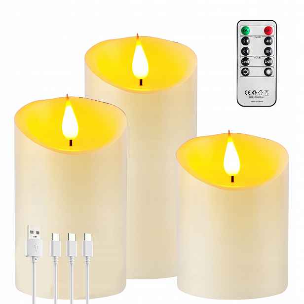 3 × Sada Svíček Led Svíčky Efekt Plamene Přírodní Vosk Usb Ovladače