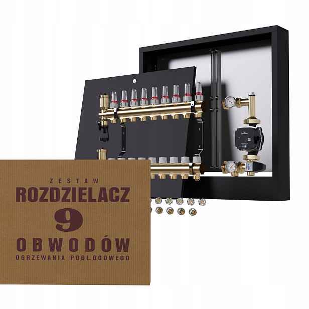 Rozdělovač pro podlahu 9 s spojkami, čerpadlo Grundfos nástěnná černá barva