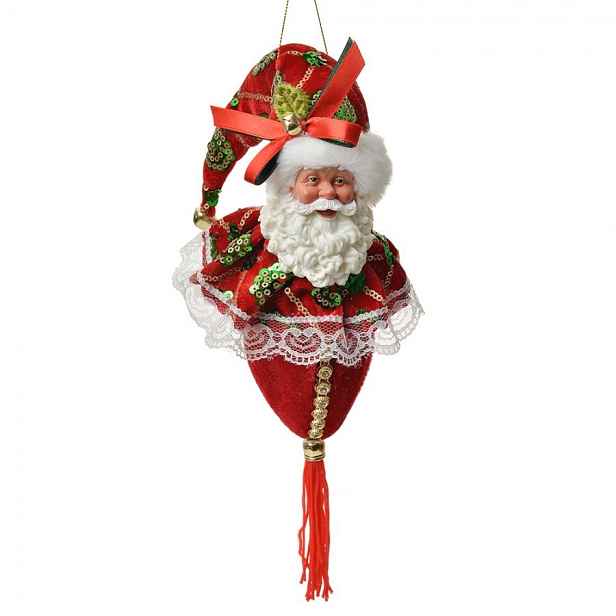Červená závěsná dekorace hlava Santa se zdobným oblekem - 8*8*35 cm Clayre & Eef