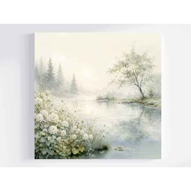 Obraz Na Plátně Canvas Krajina Řeka Dřevo Zeleň Les Bílé Květy 50x50