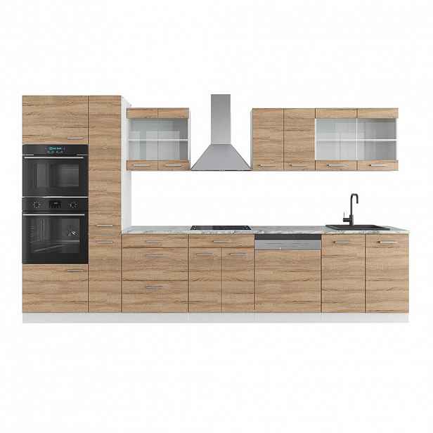 Vicco KUCHYŇSKÝ KOUT R-Line Sonoma/bílá 350 cm s vysokou skříní, bez pracovní desky