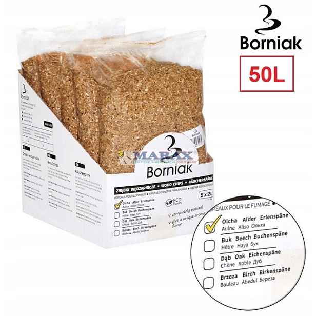 Bukové štěpky, udící lupínky, dřevo Olše pro udírny Borniak 50L