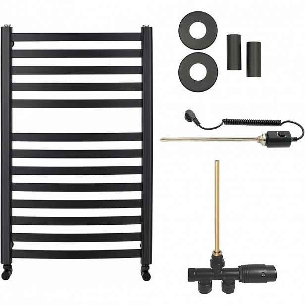 Koupelnový radiátorový set Paolo - kombinované vytápění, termo tyč - boční jednobodové připojení - 300W - černá matná - 850x550 mm