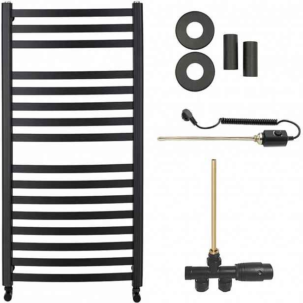 Koupelnový radiátorový set Paolo - kombinované vytápění, termo tyč - boční jednobodové připojení - 600W - černá matná - 1090x550 mm