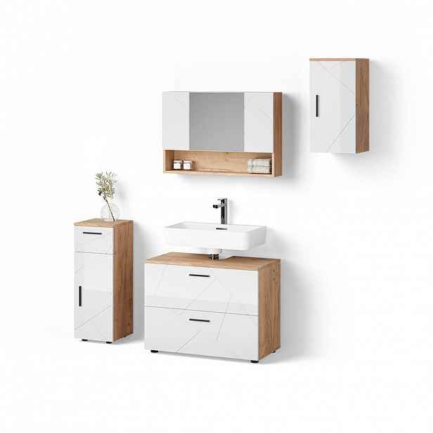 Livinity® KOUPELNOVÝ NÁBYTEK Ronco, Bílá vysoký lesk/Zlatý mocný dub, 4dílná