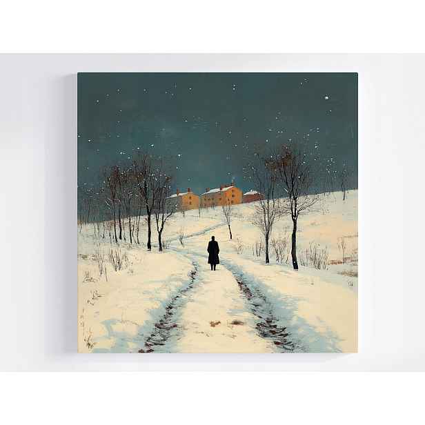 Obraz Na Plátně Canvas Krajina Zima Sníh Cesta Stromy Člověk Domy 50x50