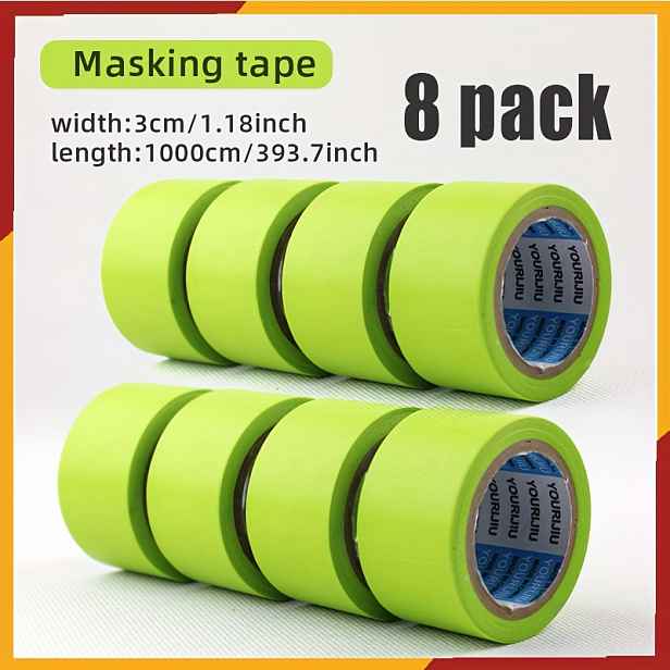 TEMU Balení 8 rolí zelené washi maskovací pásky ve spreji o šířce 3 cm, vysokolepící malířská páska o šířce 1,18 palce/3 cm - voděodolná, tepelně