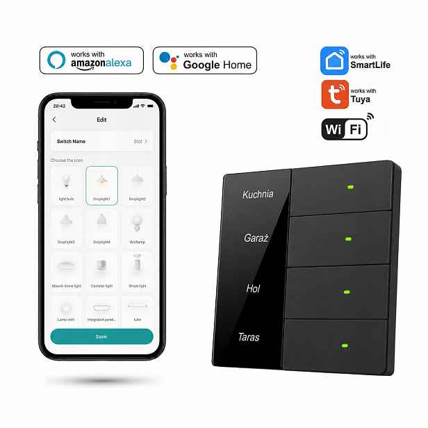 Nástěnný vypínač černý WiFi Tuya, čtyřnásobné zobrazení názvů místností