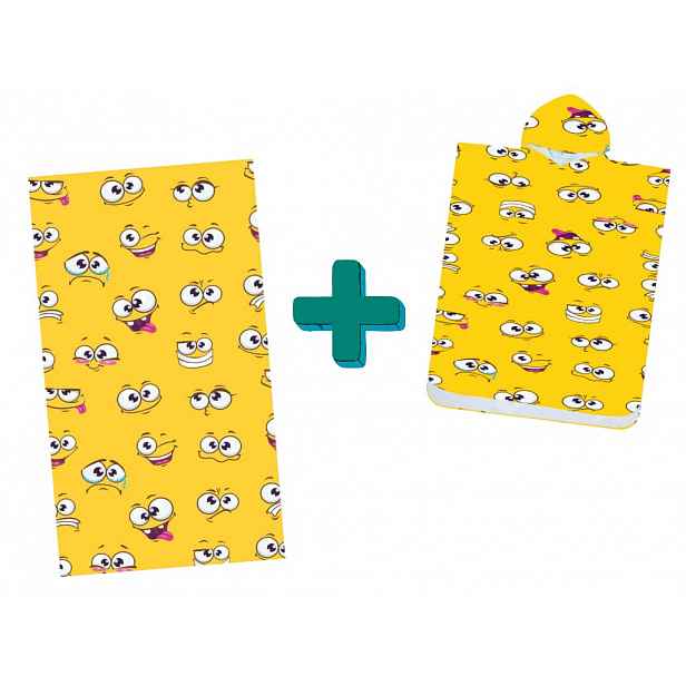 Plážový set SMILE – osuška 100×180 cm a pončo 80×145 cm, žlutý