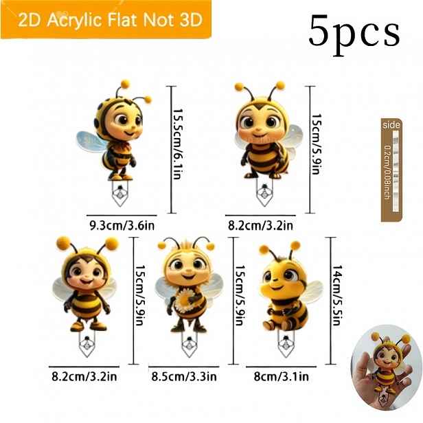 TEMU 2D Ploché, [2D Ploché] 2D Ploché/5ks Sada Roztomilých Včelích Přátel Tématiky Akrylové Zahradní Dekorace - Plochý Tištěný , Vhodné pro Dvůr,