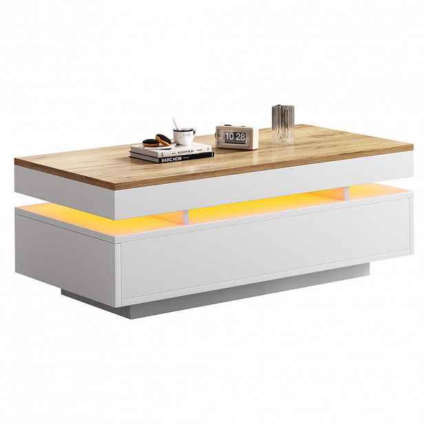 Modfu KONFERENČNÍ stolek z dřevotřísky 100x50x35 cm bílá a dekor dřeva s LED osvětlením, 2 zásuvkami a vysokým leskem