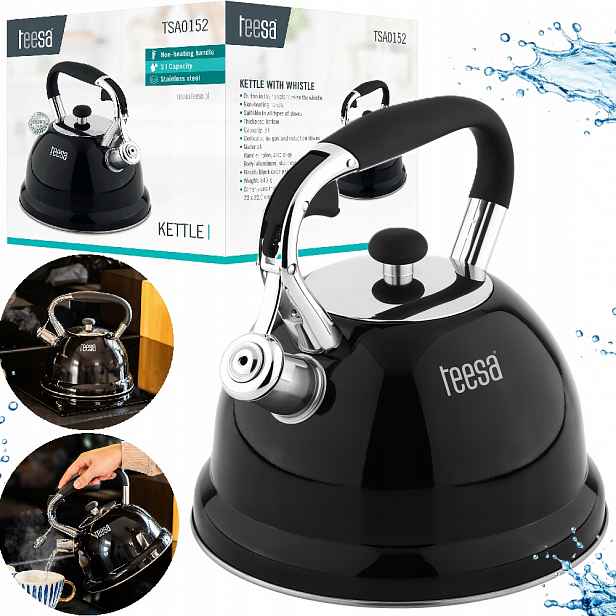Konvice tradiční ocelová Teesa 3L s píšťalkou plyn/indukce, černá