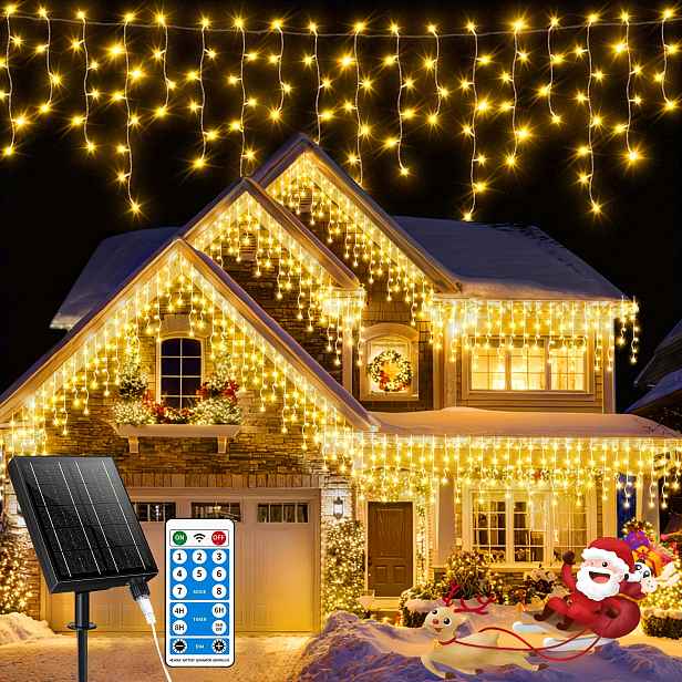 TEMU Solární inženýrské rampouchové světla venkovní 82,5 +5m 880LED 2500MA venkovní vánoční pohádkové světelné řetězy spojitelné 8 režimů časované