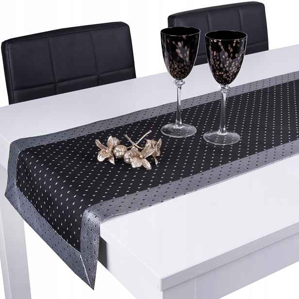běhoun na stůl Kropki Lux 40x220 skvrnám odolný pás černo-stříbrný