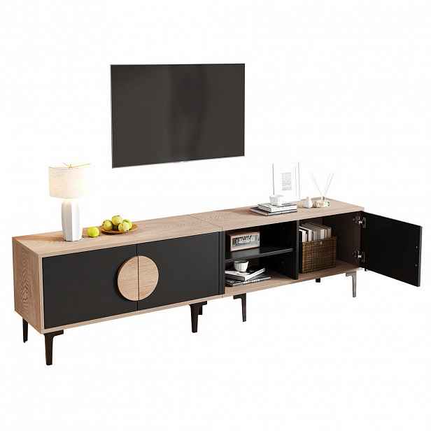 Modfu TV stolek z dřevotřísky 180x35x49 cm černá a dekor dubu se 3 skříňkami, 2 otevřenými přihrádkami a nosností 45 kg