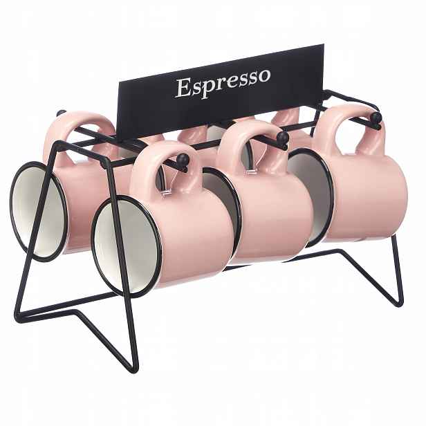 Porcelánové Šálky Na Espresso 6 Kusů 100 ML Růžové Se Stojánkem