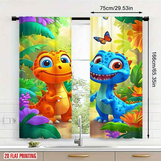 TEMU 2D Ploché, 2ks Tištěné Závěsy s Veselými Kreslenými Dinosauřími – Instalace na Tyč s Kapsou, Ideální do Obýváku, Ložnice, Kanceláře a Jídelny,