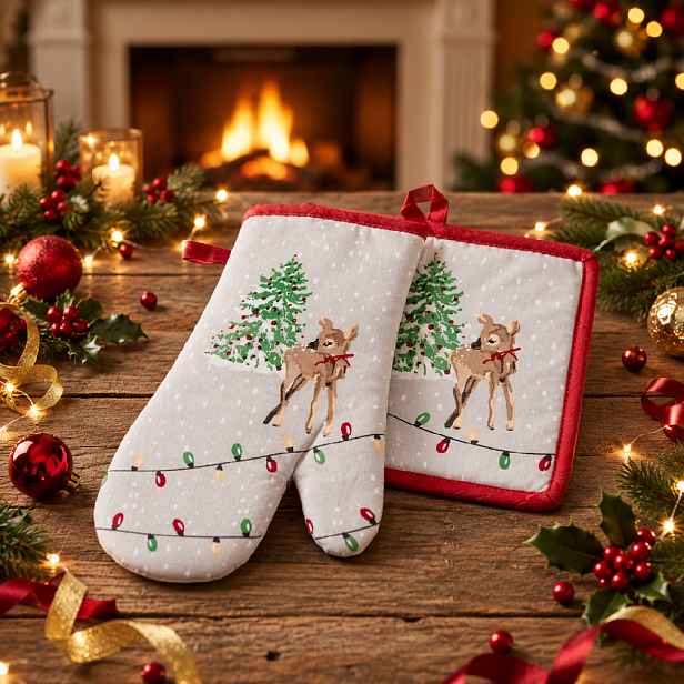 Vánoční kuchyňský set vánoční rukavice/chňapka FESTIVE FEAST - SRNKA 18x30 cm/20X20 cm