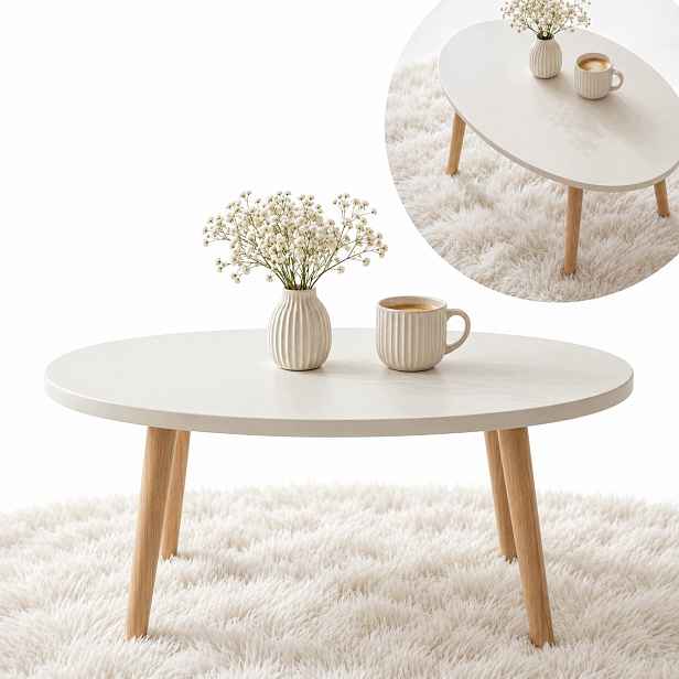 Kávový Stolek Do Obývacího Pokoje Bílý Oválný 80 x 57 cm Skandinávské Dřevo Mdf