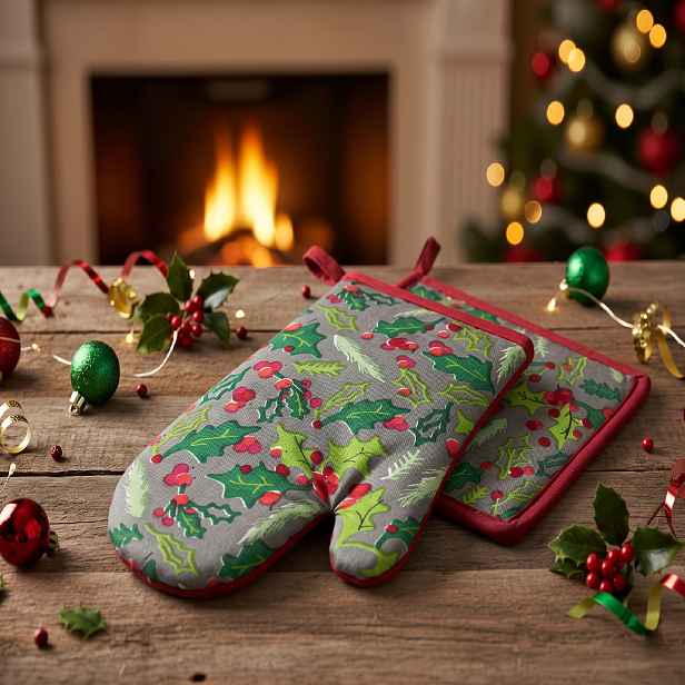 Vánoční kuchyňský set vánoční rukavice/chňapka FESTIVE FEAST - CESMÍNA 18x30 cm/20X20 cm