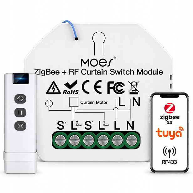 Ovladač rolet Zigbee 3.0 Tuya dokončovací Zigbee2MQTT Moes s dálkovým ovládáním RF433