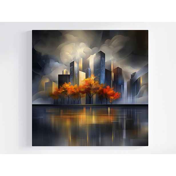 Obraz Na Plátně Canvas Město Mrakodrapy Stromy Podzim Voda Odraz 50x50