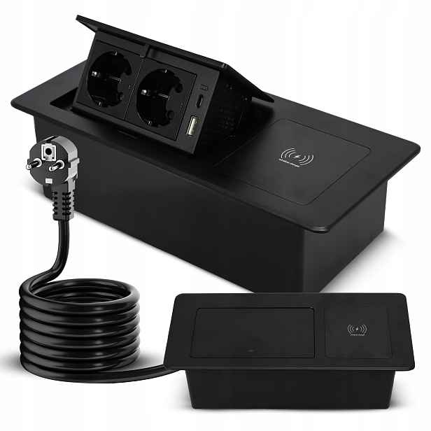 Zásuvka na desku Schovaná v pracovní desce Nabíječka Qi Zapuštěná 2x 230V Usb C