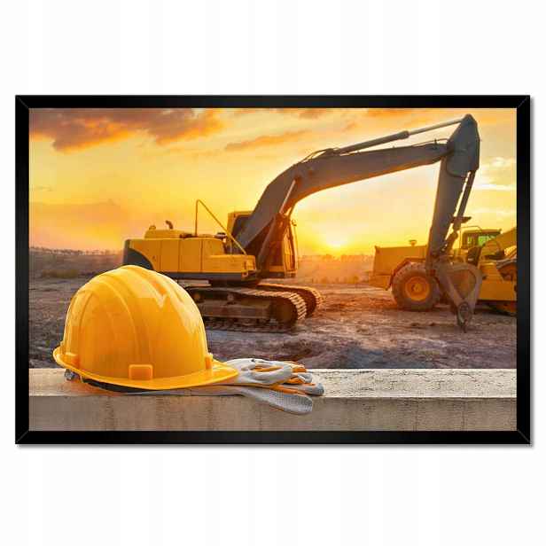 Plakáty v rámu 60x40 Žlutá přilba na pozadí bagru