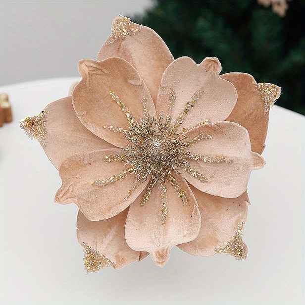 TEMU Sada 2 umělého vánočního muškátku, magnolie s třpytkami, stonky 24 cm (9,4 palce), ideální pro vánoční dekorace, svatby, věnce a fotografické