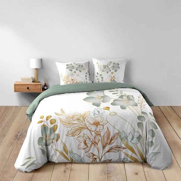Bílé/zelené bavlněné povlečení na dvoulůžko/prodloužené 240x220 cm Lolita – douceur d'intérieur
