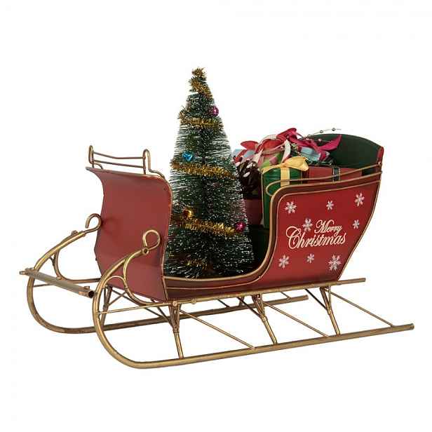 Červená dekorace sáně s dárky a stromkem Merry Christmas - 30*15*22 cm Clayre & Eef