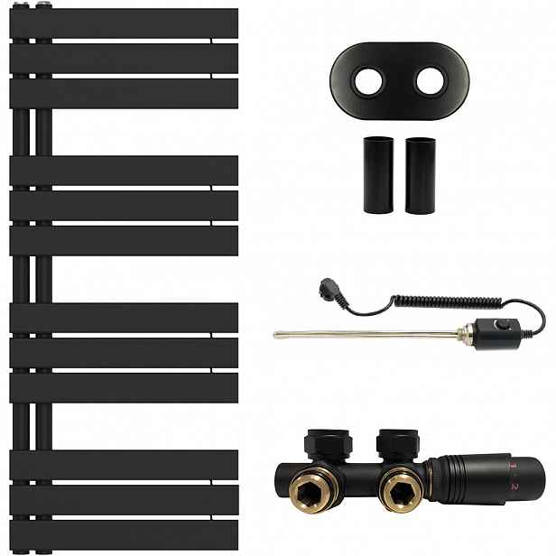Koupelnový radiátorový set Theo - kombinované vytápění, termo tyč - asymetrické připojení 50 mm - 300W - černá matná - 1200x500 mm