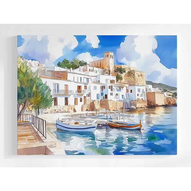 Plakát Španělsko Ibiza Městečko Port Lodě Moře 100x75