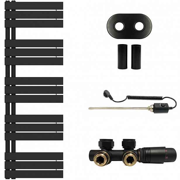 Koupelnový radiátorový set Theo - kombinované vytápění, termo tyč - asymetrické připojení 50 mm - 600W - černá matná - 1600x500 mm