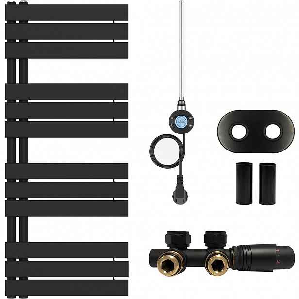 Koupelnový radiátorový set Theo - kombinované vytápění, wifi tyč - asymetrické připojení 50 mm - 300W - černá matná - 1200x500 mm